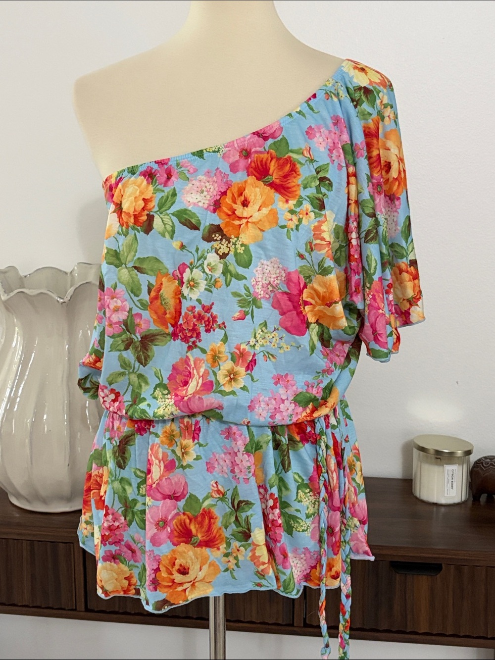 NWT Lane Bryant One-Shoulder Floral Top in Light Blue with Orange & Pink Flowers